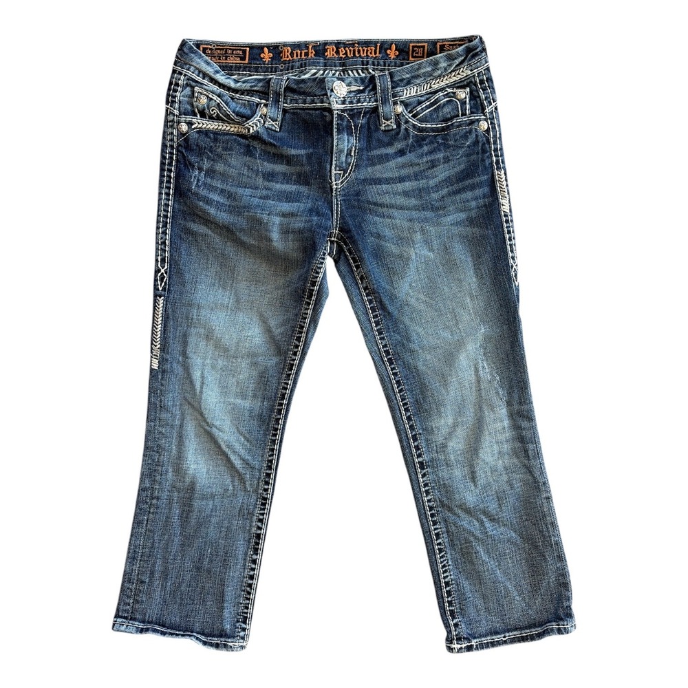 Rock Revival Sasha Capri Jeans Women's 28 Blue Rhinestone Fleur de Lis Y2K